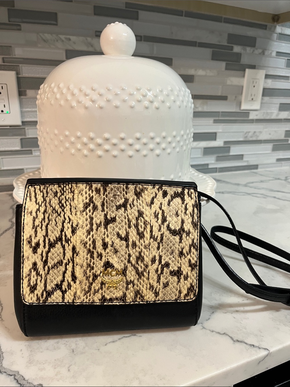 MCM Black Leather Crossbody with Beige Snake-Print Panel